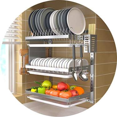 Imagem de Escorredor de pratos montado na parede de aço inoxidável 201 com gaiola de pauzinhos prateleira de tábua de cortar faca de cozinha - 2 camadas/3 camadas