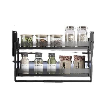 Imagem de Organizador de armário de 2 camadas, prateleira de puxar para baixo para cozinha com alça de silicone, prateleira flutuante retrátil para economizar espaço na cozinha, apartamento doméstico (preto