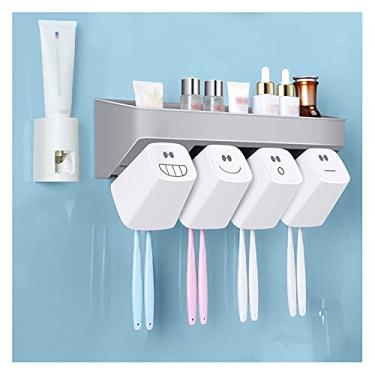 Imagem de Suporte de escova de dentes de parede cinza material PP prateleira organizadora de escova de dentes copo de enxaguante bucal branco l e conveniente para economizar espaço (tamanho: 4+1, cor: A)