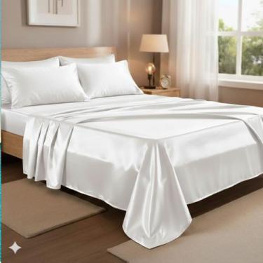 Imagem de Jogo de Cama Lençol Queen Cetim Charmousse 4 Peças Elástico + Fronhas 