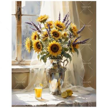 Imagem de Kit de pintura por números de arranjo de girassol para adultos - Vaso DIY com pintura de limões e suco em tela 40,6 x 50,8 cm, conjunto de tinta acrílica, arte de natureza morta para iniciantes para