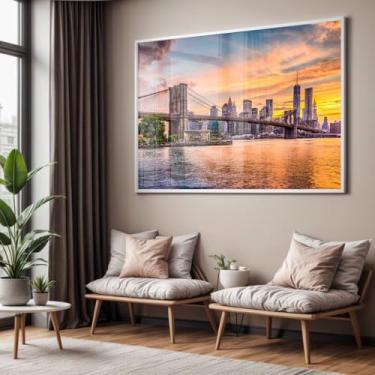 Imagem de Quadro com Moldura e Acrílico Cristal Ponte de Nova York – Paisagem Urbana Horizontal (40 x 60, Branco)