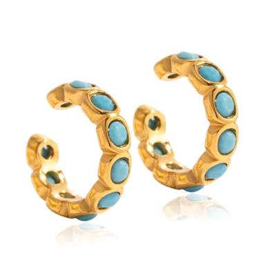 Imagem de Brincos de orelha femininos turquesa azul cartilagem sem piercing - aço inoxidável banhado a ouro 18K CZ falso brinco de argola boho ajustável envoltório orelha joia