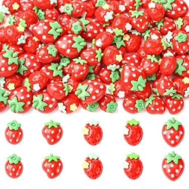 Imagem de UR URLIFEHALL 100 peças, 5 estilos, mini cabochão de resina de morango vermelho opaco imitação de comida, berloques flatback para scrapbook, decoração de artesanato faça você mesmo