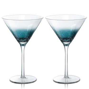 Imagem de Joeyan Copos de Martini Blue Crackle feitos à mão, copos de cristal de 325 ml, copos de bebida para Espresso Martini Cosmopolitan Manhattan Gimlet, conjunto de 2