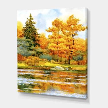 Imagem de DesignQ Arte de parede em tela de floresta outonal By The Lake Side II Lake House