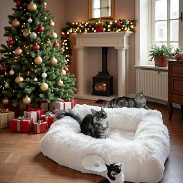 Imagem de XxingSheep Cama de túnel para gatos com 4 cavernas para gatos em ambientes internos, donuts, com tapete quente, branca