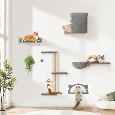 Imagem de PLEKER Prateleiras de parede de madeira para gatos 5 em 1 moderno conjunto de móveis de parede de escalada para gatos com postes para arranhar, cama e sofá para gatos, poleiro que economiza espaço