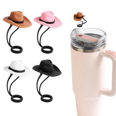 Imagem de Capas de cobertura de palha pacote com 4 chapéus de cowboy de silicone para 30 copos de 1,134 g, acessórios engraçados para copos