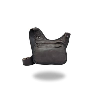 Imagem de Pochete Tiracolo em Couro, Café Liso, Clássico, 5 Compartimentos, Alça Ajustável