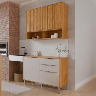 Imagem de Cozinha Compacta Helena 4 Portas 2 Gavetas Ripado Cinamomo/Off White -
