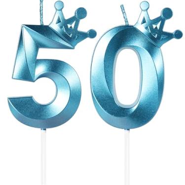 Imagem de Velas de aniversário azuis número 50, topo de bolo feliz 50º aniversário, vela com número de coroa 3D, vela de aniversário, 50 meninos meninas, decorações de aniversário, decoração de topo de bolo