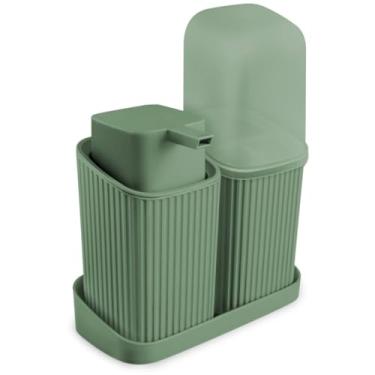 Imagem de Kit Para Banheiro Com Bandeja Sabonete Líquido Porta Escovas (Verde)