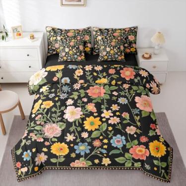 Imagem de Feelyou Conjunto de edredom fofo com 7 peças, Queen, preto e colorido, para crianças, meninos, meninas, floral, botânico, decoração de quarto, microfibra leve e macia