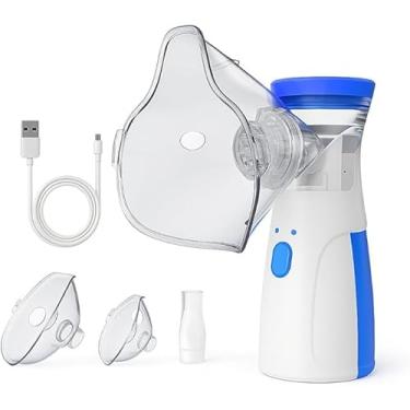 Imagem de Nebulizador Portátil Ultrassônico, Recarregável USB, Silencioso, Pulverização Ultrafina, para Adultos e Crianças, com Máscaras e Cabo USB, Branco e Azul