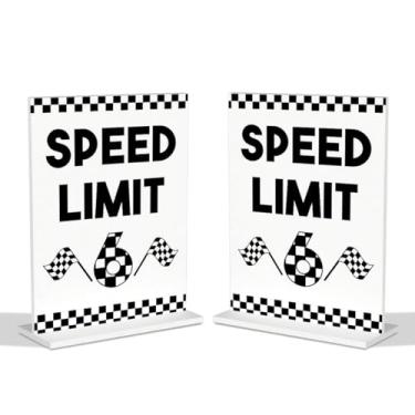 Imagem de 2 peças de decoração de festa de aniversário de carro de corrida placa de mesa de acrílico, placa de limite de velocidade 6, decoração de aniversário de carro de corrida, presentes para meninos
