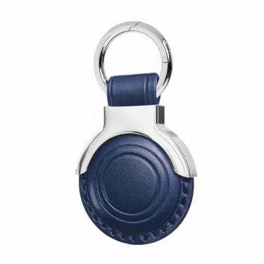 Imagem de Woyinger Chaveiro de couro genuíno para AirTag - Capa protetora feita à mão premium com chaveiro, design oculto seguro, pacote tudo-em-um, azul escuro