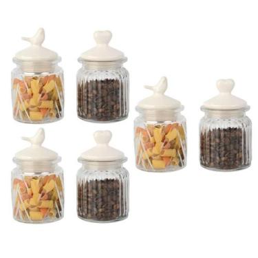 Imagem de Conjunto 6 Potes Vidro Tampa Cerâmica Pássaro Coração 300Ml - Class Ho