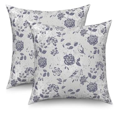 Imagem de XMJJKUF Capas de almofada floral cinza e branco 45,7 x 45,7 cm Conjunto de 2 fronhas decorativas vintage florais chinoiserie fronha de almofada de linho para decoração de sofá-cama