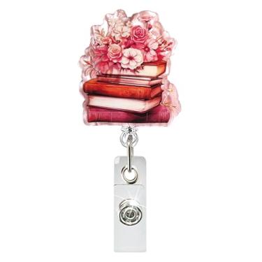 Imagem de Carretel de crachá retrátil para livros e flores, com design de livros empilhados florais rosa, clipe jacaré para professores, bibliotecários, amantes de livros, clipe de crachá fofo para trabalho