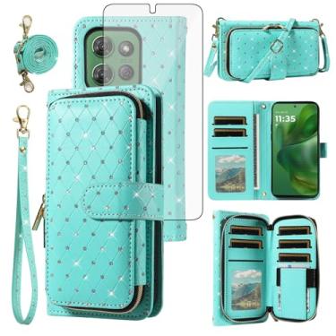 Imagem de Capa de celular para Motorola Moto G Power 5G 2025 capa carteira com zíper com protetor de tela de vidro temperado alça transversal com glitter flip porta-cartão slot XT2515-1 mulheres meninas verde