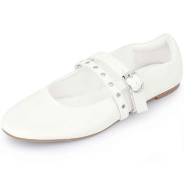 Imagem de Perphy Sapatilhas de balé, fivela ajustável, confortável, Mary Jane, sapato social feminino, Branco, 39