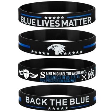 Imagem de Sainstone Pulseiras de silicone com bandeira americana Back The Blue Thin Blue Line, pulseira de aplicação do santo padroeiro de São Miguel, Blue Lives Matter, presentes de aplicação da lei para