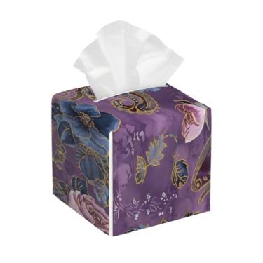 Imagem de Capa quadrada de couro para caixa de lenços à prova d'água flor rosa retrô roxo organizador de papel facial com cinto inferior cubo estojo de lenços para mesa, banheiro, escritório, mesa, carro