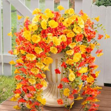 Imagem de Flores artificiais para pendurar no outono, pacote com 4, glória artificial da manhã inclui 180 flores, plantas falsas realistas de seda sintética resistente a UV para casa, jardim, varanda, pátio