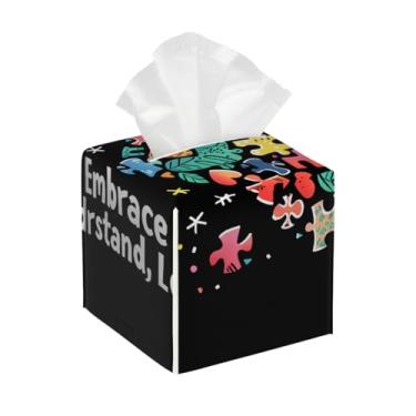 Imagem de Capa quadrada de couro para caixa de lenços de papel à prova d'água, design de autismo, organizador de papel facial com cinto inferior, estojo de lenços para mesa, banheiro, escritório, mesa, carro