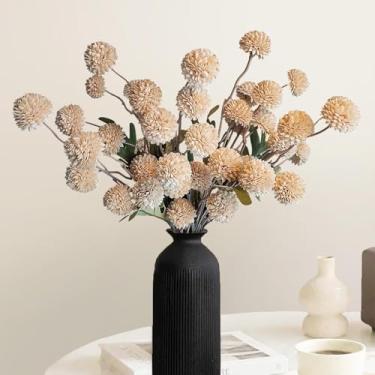 Imagem de 9 peças de flores falsas, mães artificiais com hastes longas, arranjo floral bege de pompom falso, flores de plástico champanhe, flores secas de seda, decoração de casa, decorações de outono para vaso