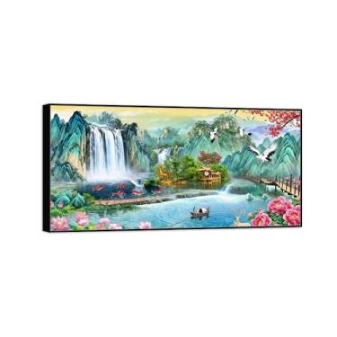 Imagem de Chinoiserie Arte de parede paisagem imagem em tela - montanha cachoeira flores pássaros - pintura chinesa - impressões de moldura preta para decoração de casa 50 x 100 cm 20 x 39 pol