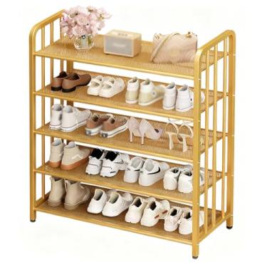 Imagem de SPXMQSS Sapateiras independentes, suporte de metal de 3/4/5 andares, prateleiras ajustáveis, organizador de armazenamento de sapatos, armário aberto para entrada, corredor, dourado, 5 níveis 60 x 28 x