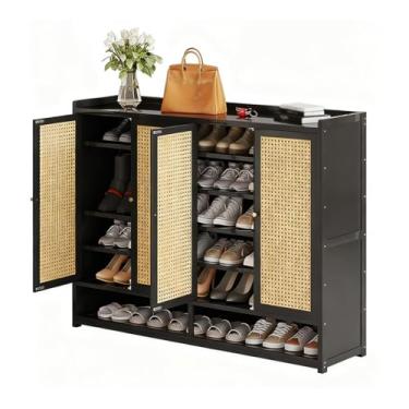 Imagem de SPXMQSS Armário de sapatos com portas, armário de armazenamento de sapatos grande de 7/8 níveis para entrada de bambu, sapateira independente para corredor, sala de estar, quarto, armário preto B 120