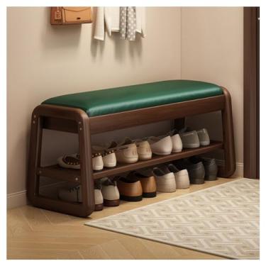 Imagem de SPXMQSS Sapateira de madeira, banco de sapateira de entrada com almofada, armário de sapatos de 2 níveis com organizador de banco prateleira aberta para corredor, sala de estar, quarto verde 80 x 34 x
