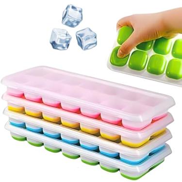 Imagem de Kit 4 Unidades Forma de Gelo Silicone com Tampa 14 Cubos Livre de BPA Fundo Flexível Empilhável Desenforma Fácil Forminha Ideal para Gelo Papinhas Frutas