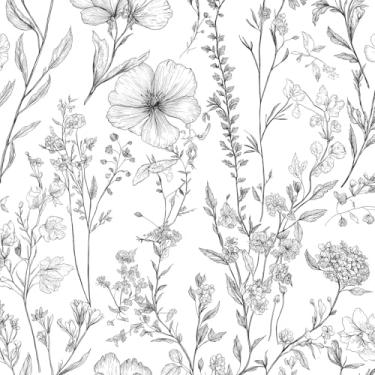 Imagem de Forro de gaveta floral botânico preto e branco papel de parede floral para armários, prateleiras, gavetas, decoração de parede, artesanato, decalque 43 x 38 cm