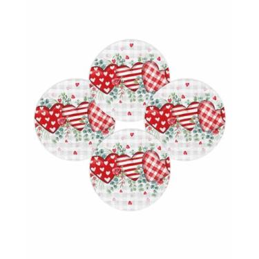 Imagem de Jogo americano redondo para o dia dos namorados, conjunto de 4 tapetes vermelhos com coração de amor, rosa, folhas de eucalipto, cinza, xadrez, círculo, trançado, para cozinha, mesa de jantar, festa e