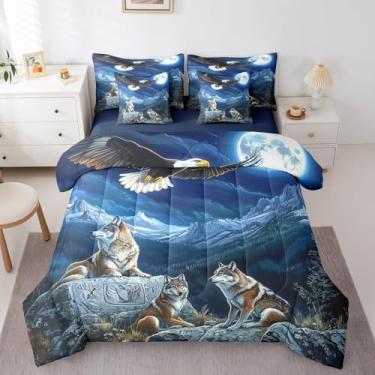 Imagem de Jogo de cama King e águia lobos, 7 peças, neve, pinheiros, céu noturno, lua e céu noturno (edredom, lençol de cima, 2 fronhas, 2 fronhas)