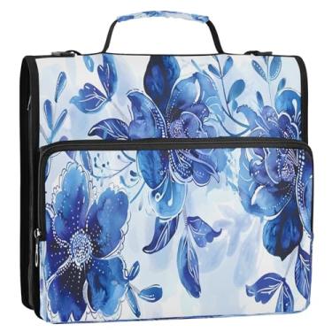 Imagem de CEBUGI Fichário de 3 anéis com zíper com alça de ombro, pasta de arquivo expansível de 3,8 cm, anéis D, para escola, escritório, azul e floral