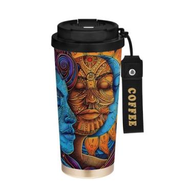 Imagem de YETTASBIN Caneca de café de viagem com isolamento térmico Boho Sun Moon 482 g com tampa canudo, copo à prova de derramamento e vazamento com alça para bebida quente e fria, garrafa de água de aço