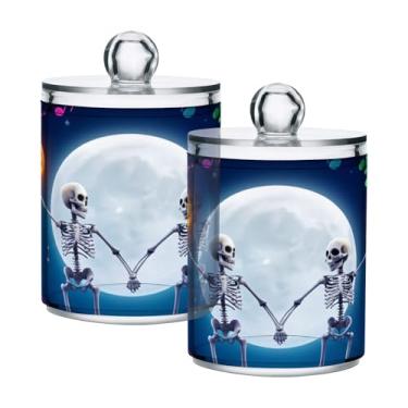 Imagem de STAYTOP 2 frascos de boticário Qtip para banheiro com etiquetas – Recipiente de armazenamento Qtip de plástico transparente acrílico para bola de algodão, cotonete, grão de café - esqueleto divertido