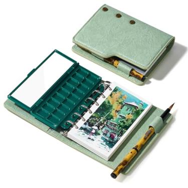 Imagem de Conjunto de caderno de desenho portátil em aquarela – 100% algodão 12 x 7 cm prensado a quente, 20 folhas, diário de arte com paleta de tinta de cerâmica de 18 poços e pincéis de água de viagem para