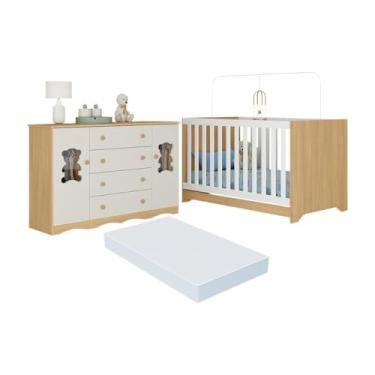 Imagem de Berço Americano 3 em 1 com Colchão Incluso e Cômoda 2 Portas 4 Gavetas Doçura Multimóveis Mp4737 Madeirado/off White