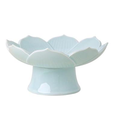 Imagem de Fruteira Fruteira em formato de lótus, cor celadon, desmontável em 2 peças, cerâmica brilhante, para servir à mesa. Decoração de mesa