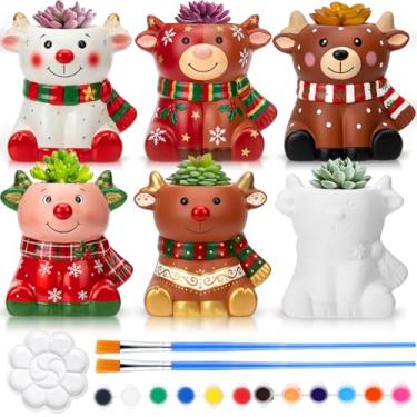 Imagem de Pasimy 6 conjuntos de cerâmica para pintar vasos de cerâmica para suculentas faça você mesmo, kit de artesanato de bisque sem pintura com paleta de pincéis, presentes de Natal para atividade familiar