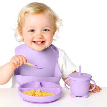 Imagem de Kit Introdução Alimentar Bebê 8 Peças 100% Silicone Antitóxico Premium, Prato + Bowl Babador Copo + + 2 Talheres Ponta Silicone Cabo de Madeira + + Tampa com Canudo + 2 Talheres (Lilás)