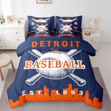 Imagem de Erosebridal Jogo de cama solteiro de beisebol, 7 peças, softball, para meninos, beisebol, cidade, para quarto de crianças, adolescentes e adultos, jogos, jogos, (Detroit), azul-marinho, laranja