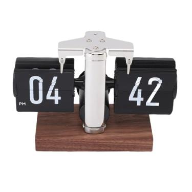 Imagem de Fockety Relógio de mesa flip, estilo retrô vintage com base de madeira, alimentado por bateria, relógio mecânico digital de 12 horas para decoração de casa, escritório ou sala (Preta)
