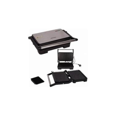 Imagem de Sanduicheira Elétrica Grill 1000W, Inox Escovado, 127V, 27x24x8cm, Plástico ABS e Aço de Carbono, com Fechamento por Pressão